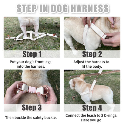 Soft Leather No Pull Dog Harness - Adjustable Step in Dog Harness with Rose Gold Heavy Duty Metal Buckle, Freedom Nylon Dog Halter Vests for Small Medium Large Dogs Easy Walking Training (White,L)