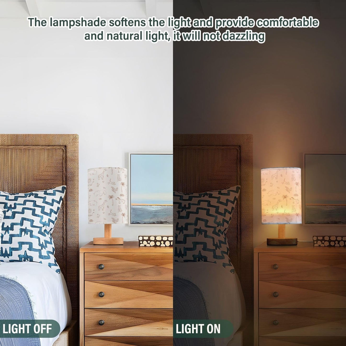 Kigai Safari Nursery Table Lamp for Kids Room LED Bedside Nightstand Lamp with USB Port, Small Nursery Lamp with Fabric Shade for Bedroom, Baby Room, Living Room