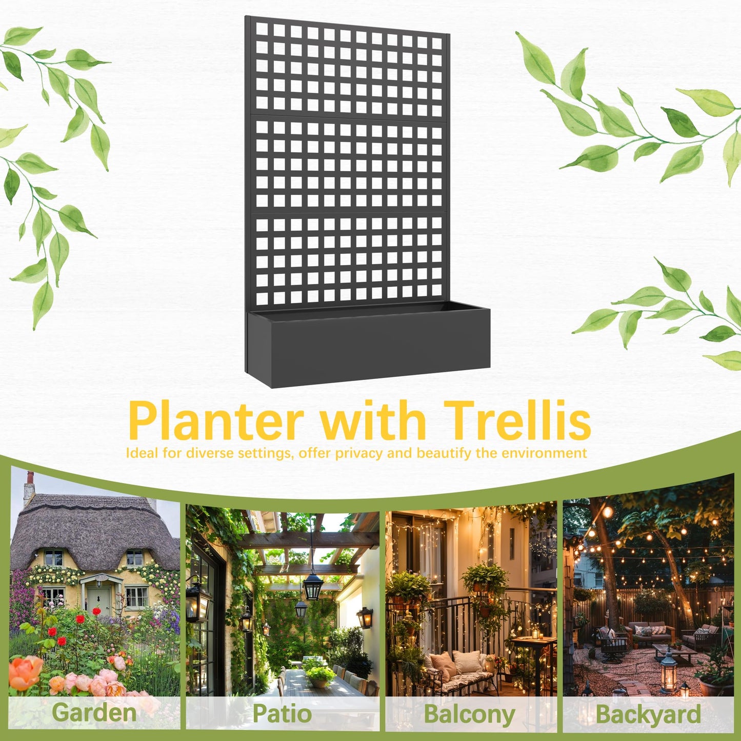 UPHYB Metal Planter Box with Trellis, 71"x 47"x 16" Raised Garden Bed, Planter Box Trellis with Privacy Screen and Drainage Holes, Black
