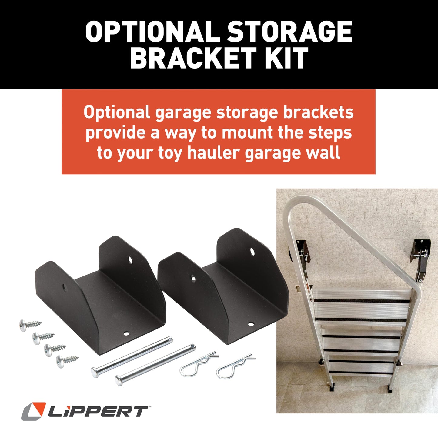 Lippert Victory Step Triple RV Steps for Toy Hauler Patio Systems with Entry Assist Handrail, 300-lb. Weight Capacity, 8" Rise, Anti-Slip Treads, Adjustable Legs/Step Pitch, Easy Storage - 2023024500