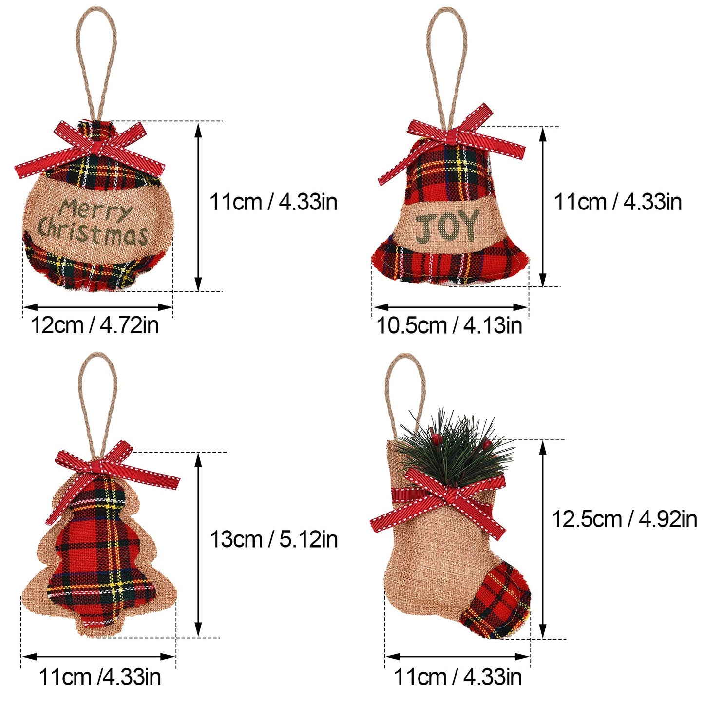 Jetec 20 Pieces Buffalo Plaid Christmas Ornaments Rustic Tartan Burlap Farmhouse Christmas Tree Decors Red Black Buffalo Xmas Tree Ball Plaid Stocking Bell Shaped Hanging Ornaments for Xmas Party
