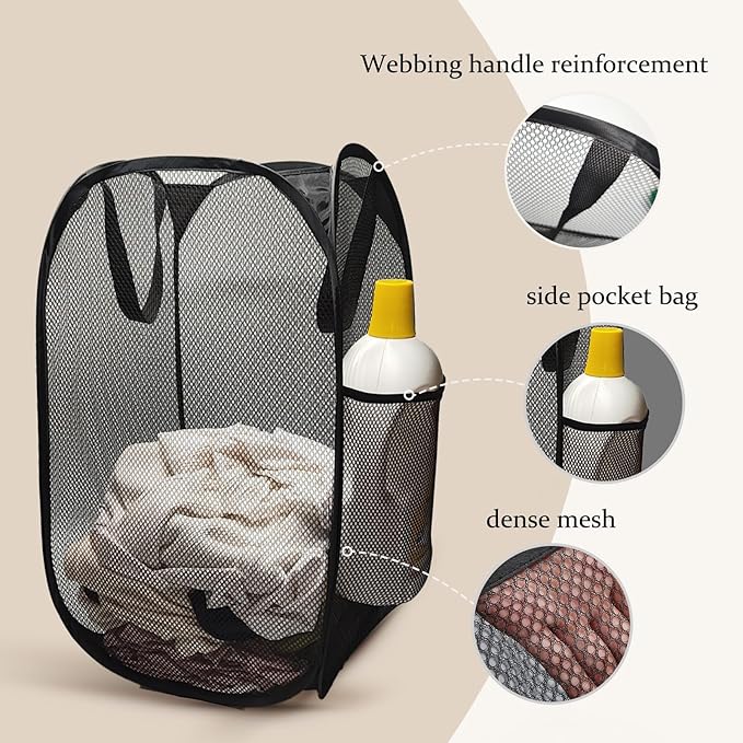 The upgraded pop-up laundry basket features a breathable side pocket mesh design