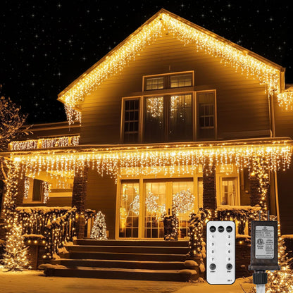 LED Icicle Lights for Outdoor Christmas Decorations,39.4Ft 400 LEDs Christmas Fairy Light with Timer&Memory Function,8 Lighting Modes,Plug in hanging Curtain Lights for Xmas Party Wedding(Warm White)