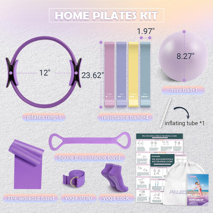 Paleclouds Pilates Ring Set for Women, 12" Pilates Ring and Ball Set with Resistance Bands for Home Workouts, Portable Pilates Kit with Bag & 2 Training Poster for Full Body Exercise(Purple)