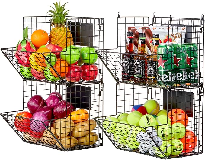 X-cosrack Metal Wire Basket Wall Mount, 4 Tier Extra Large Wall Storage Basket