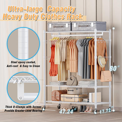 Homdox 3 Tier Garment Rack with Wheels, Portable Closets for Hanging Clothes Heavy Duty, Closet Racks and Shelving with Double Hanger Rods & Side Hooks, White