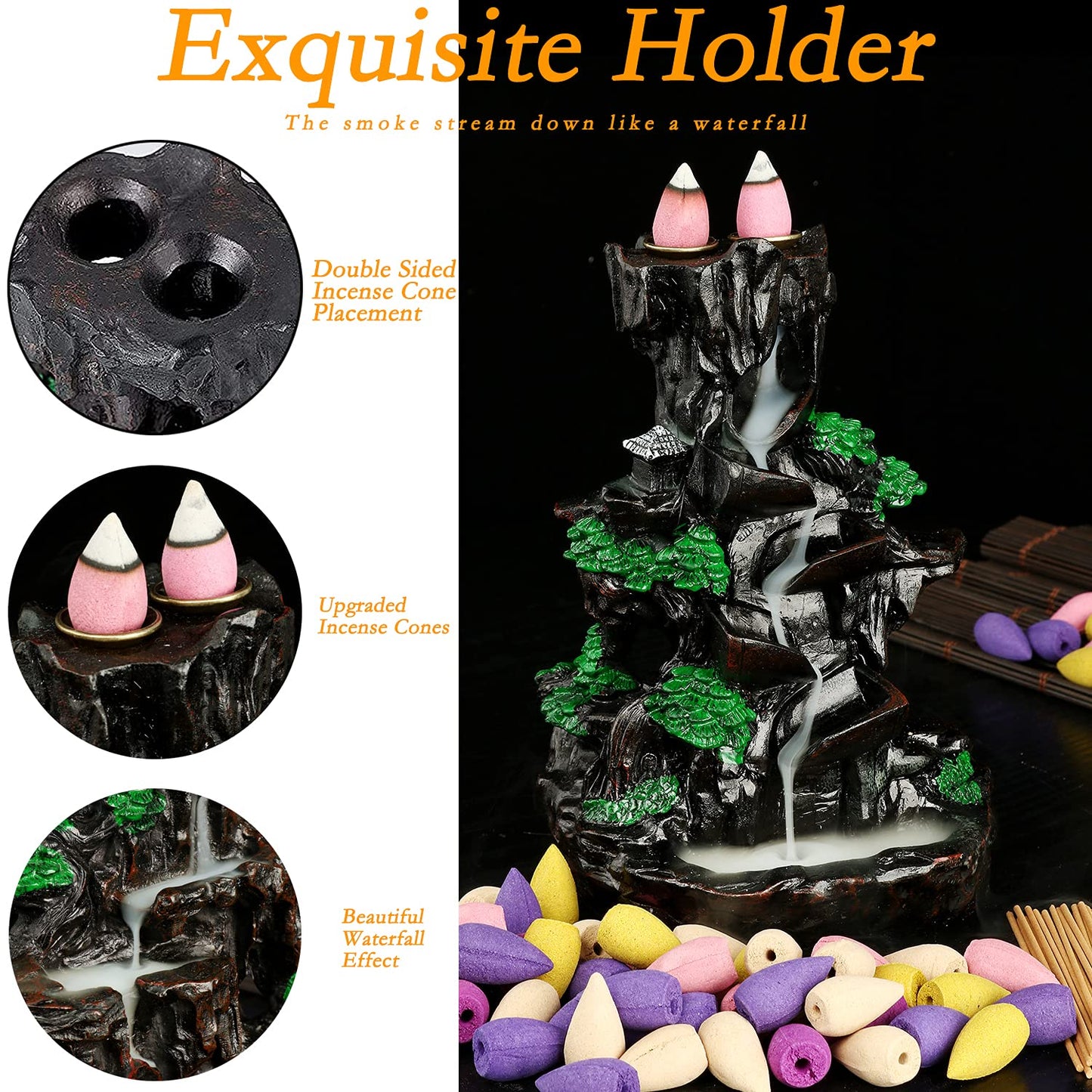 Jueison Dual Sided Mountain Backflow Incense Burner Resin Waterfall Incense Holders Cone Stick Holder with 120 Incense Cones + 30 Incense Sticks + 1 Mat + 1 Tweezers for Home Office Decor Gift