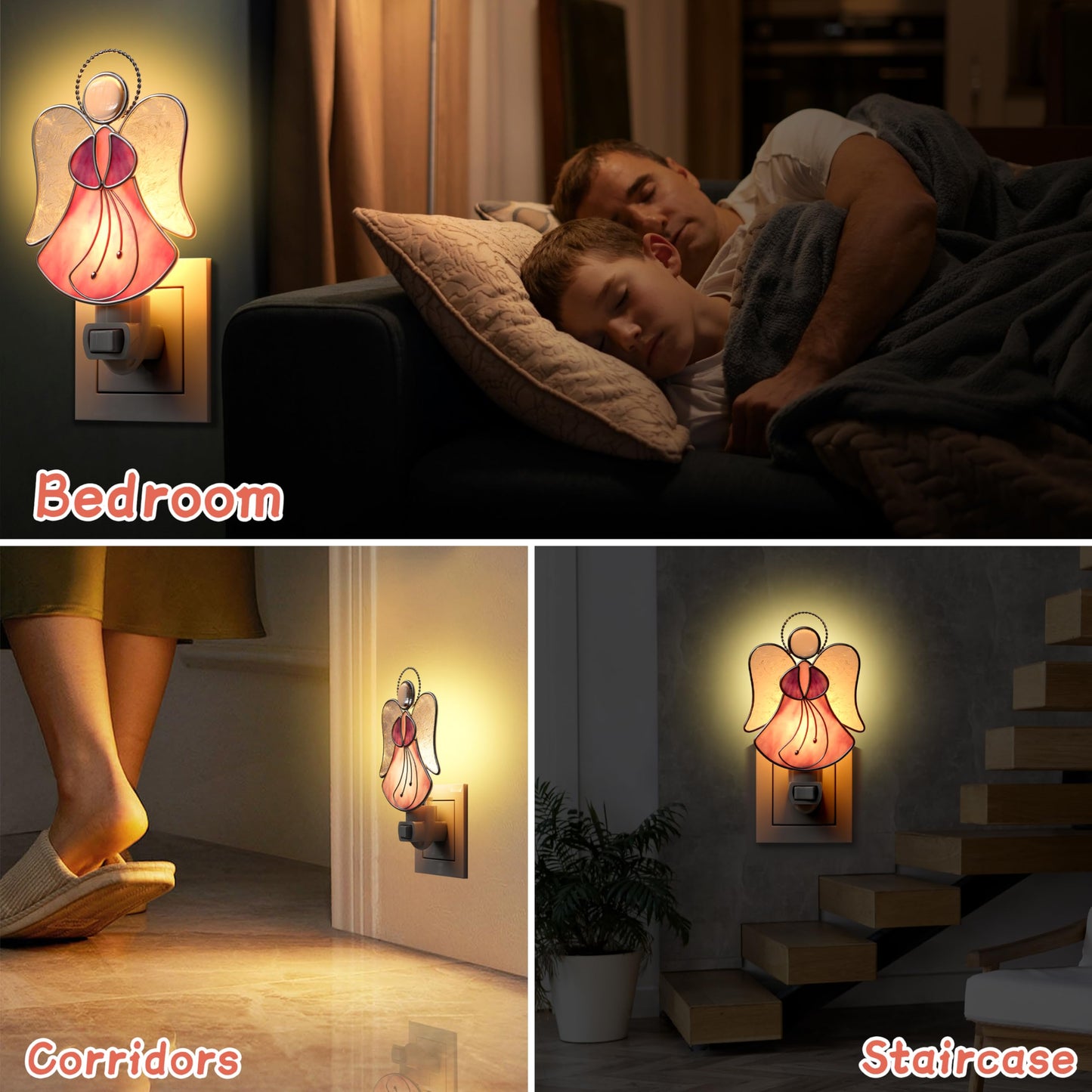 KUNDGLA Pink Angel Night Lights Plug into Wall,Stained Glass Plug in Night Light for Wall Socket Decorative Nightlight for Bedroom Hallway Kitchen Home Gifts for Mom Mother`s Day Birthday Christmas