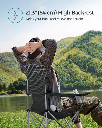 SONGMICS 2 Pack Folding Camping Chairs, Load 330 lb, Cup Holder and High Backrest, Heavy-Duty Structure, for Lawn, Garden, Fishing, Terrace, Black UGCB08BK