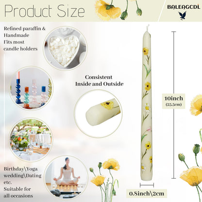Baleagcdl Floral Printed Taper Candle Ivory with Poppy Flower Prints Candlesticks 10 Inch Handmade Drip Candle Sticks for Wedding Home Holiday Decor Gifts - Set of 2