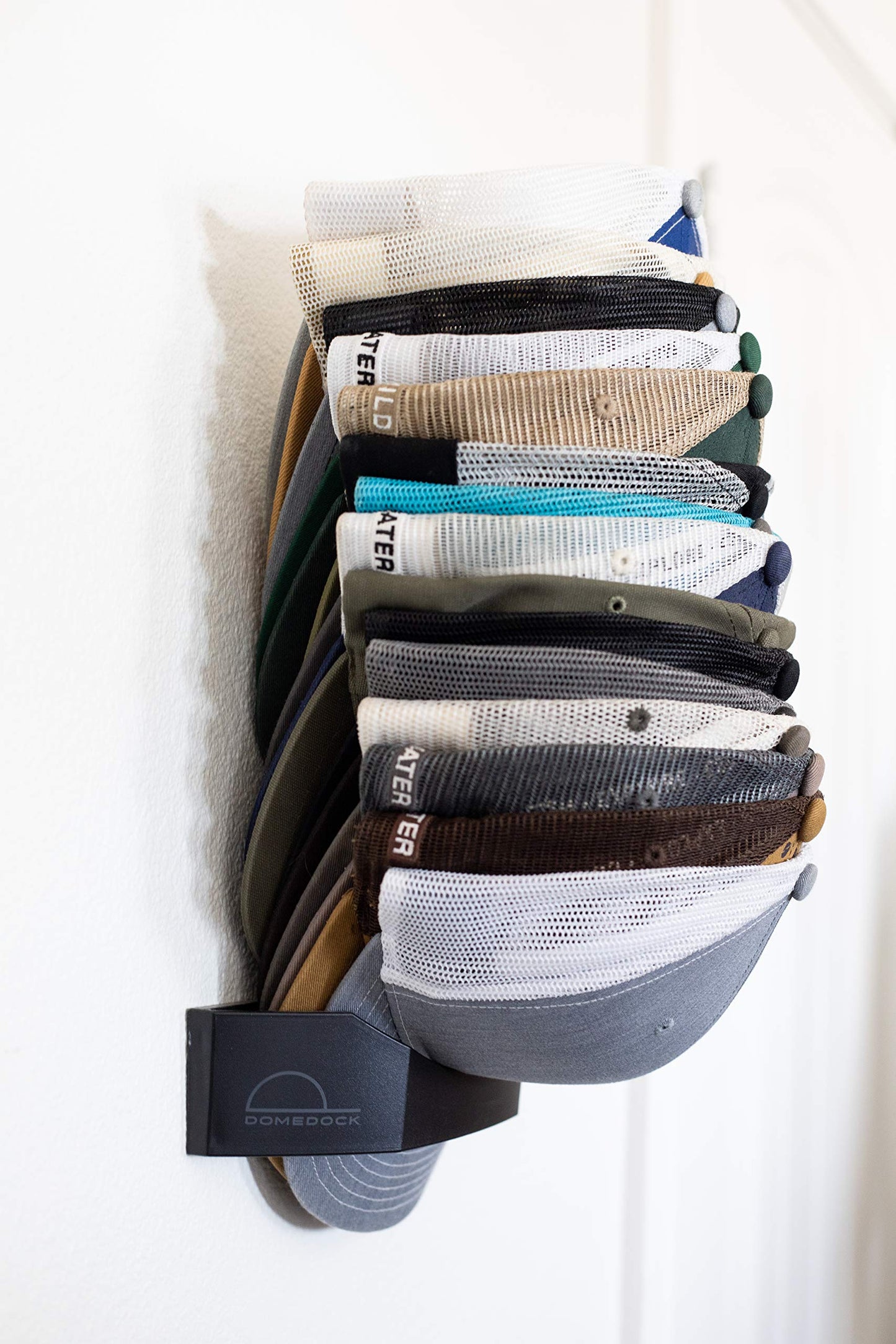 The ORIGINAL DomeDock! American, patented, Wall Mount Rack 20 Ball Cap Storage. Compact Hat Organization System. Made and Shipped in USA. (Single, White)