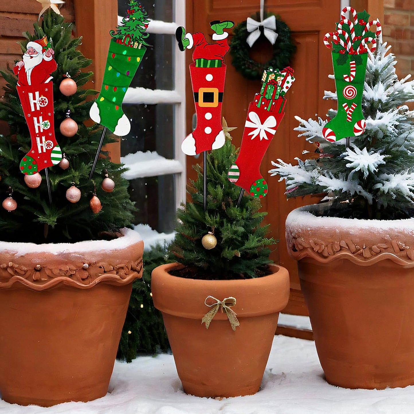 Roowest 5 Pack 12'' H Metal Christmas Yard Stakes Outdoor Decorations Red and Green Christmas Stocking Elf Santa Signs Winter Potted Plant Stakes for Holiday Lawn Garden Home Porch Party Decor