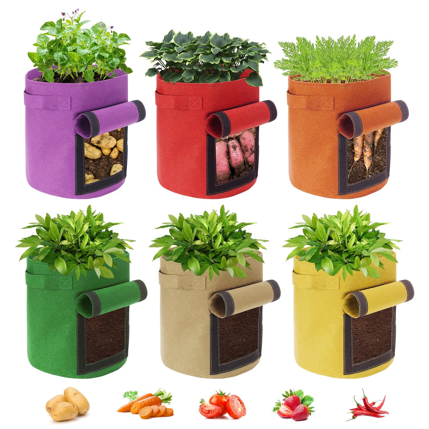Ohiyoo 6 Pack 15 Gallon Potato Grow Bags with Flap, Potato Growing Bags Garden Planting Bag with Handle, Nonwoven Fabric Vegetables Grow for Potato Tomato Carrot Onion (15 Gallon)