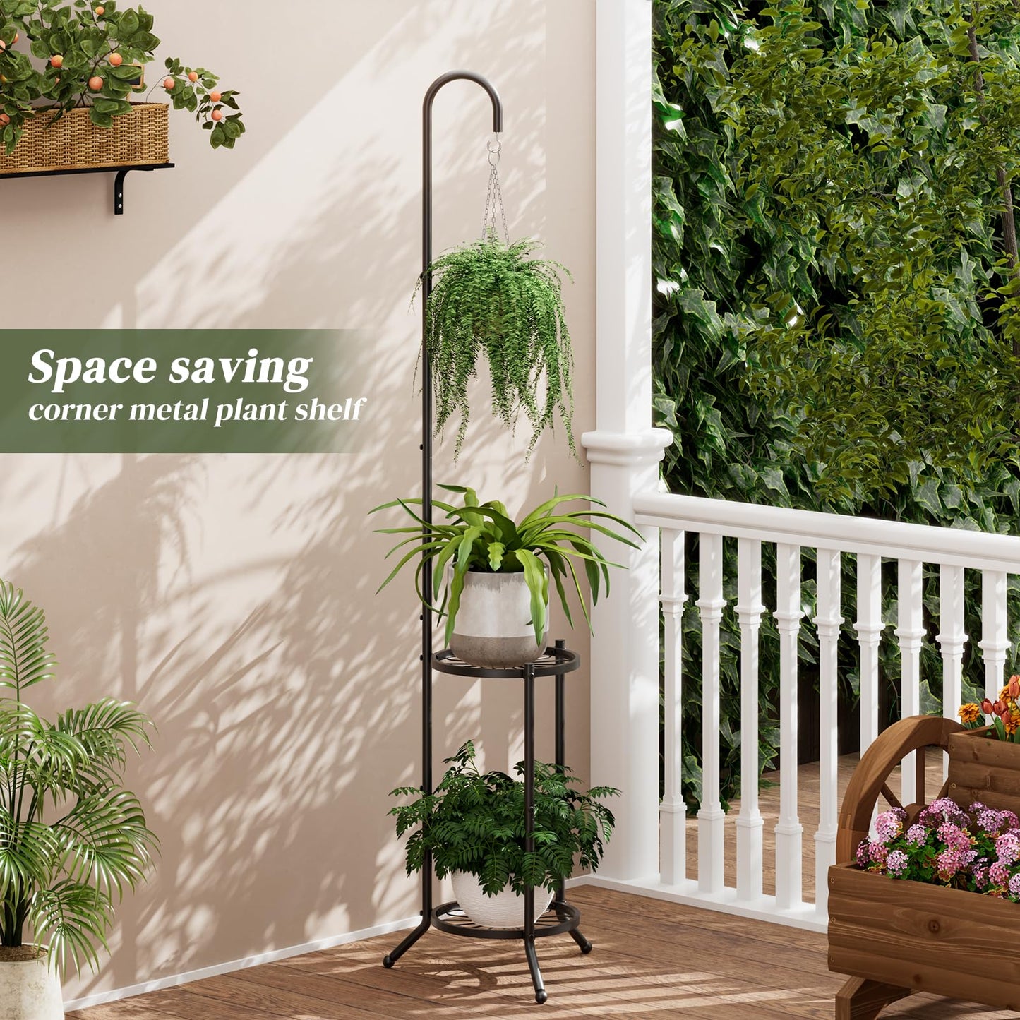 PULIJIAJU 2-tier Hanging Plant Stand Indoor and Outdoor, Space-Saving Iron Plant Shelf, 3 Potted Flower Pot Stand ,Planter Holder for Bedroom Balcony Living Room Patio Garden(Hook Style)