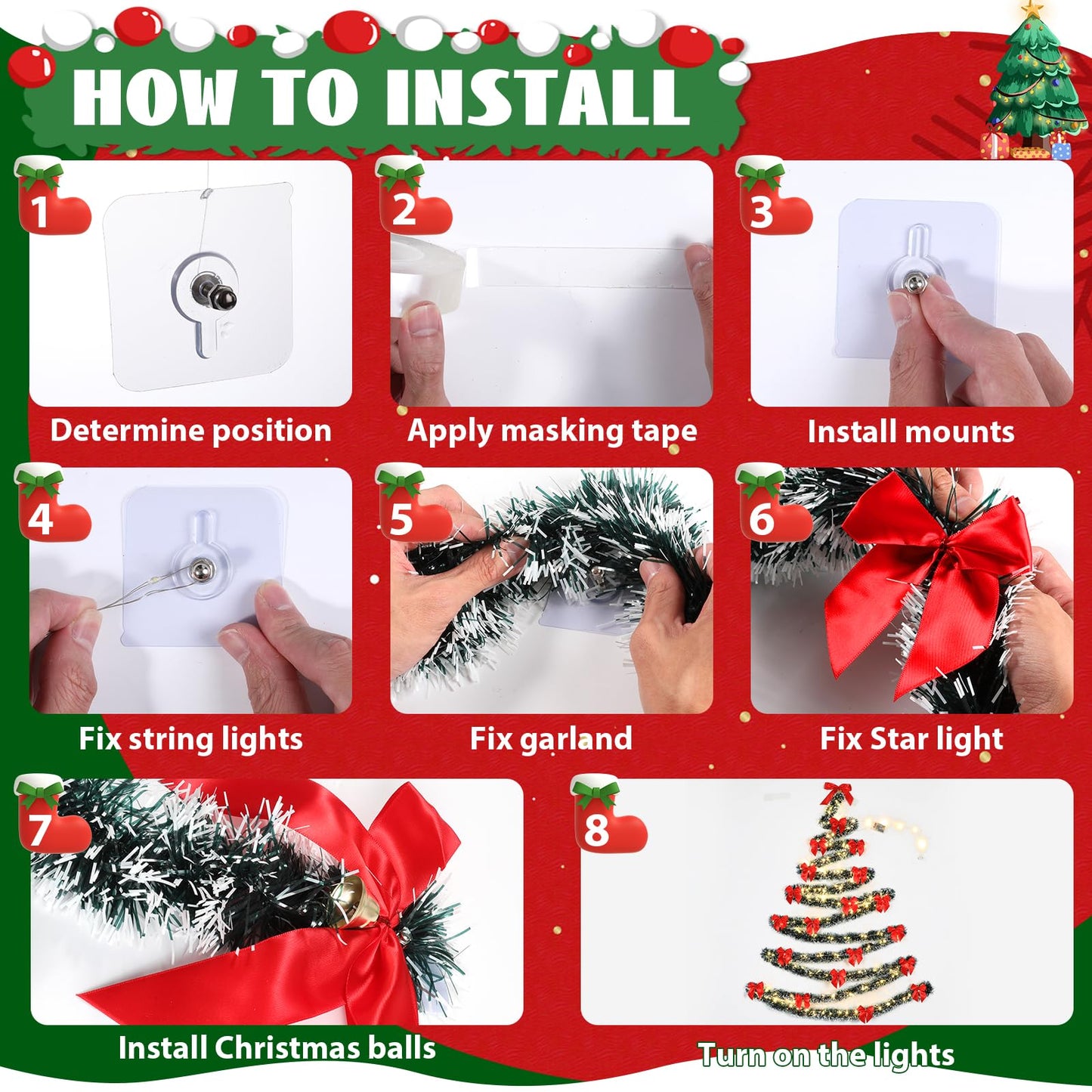 Christmas Tree Wall Decoration Artificial DIY Wall Mounted Hanging Christmas Tree with LED Light Garland Red Satin Bows Space Saving Xmas Decoration for Home Door Indoor Small Space Holiday Supplies