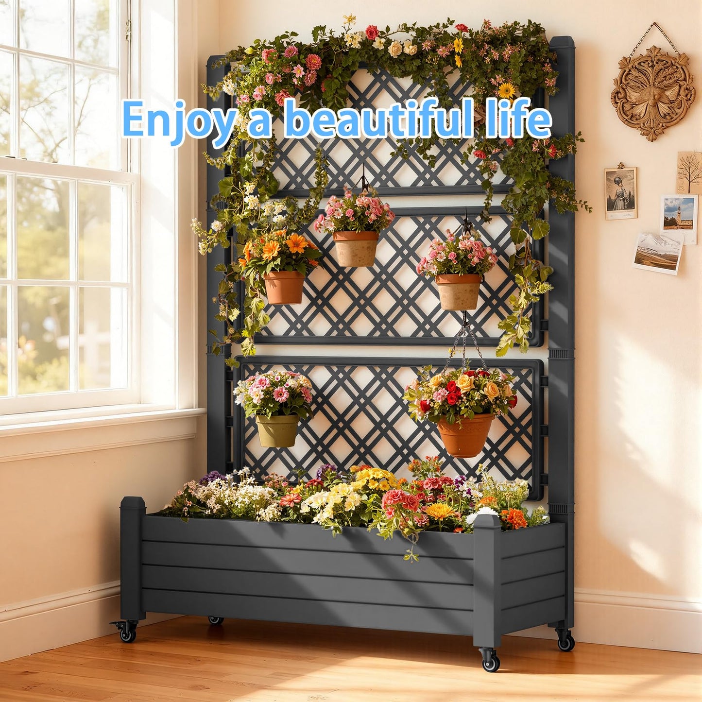 TimberAura 43" x 18" Planter Box with Trellis and Wheels, Large Raised Garden Bed with Cucumber Trellis for Climbing Plants, Outdoor Elevated Planter with Self-Watering & Drain Plug (Black)