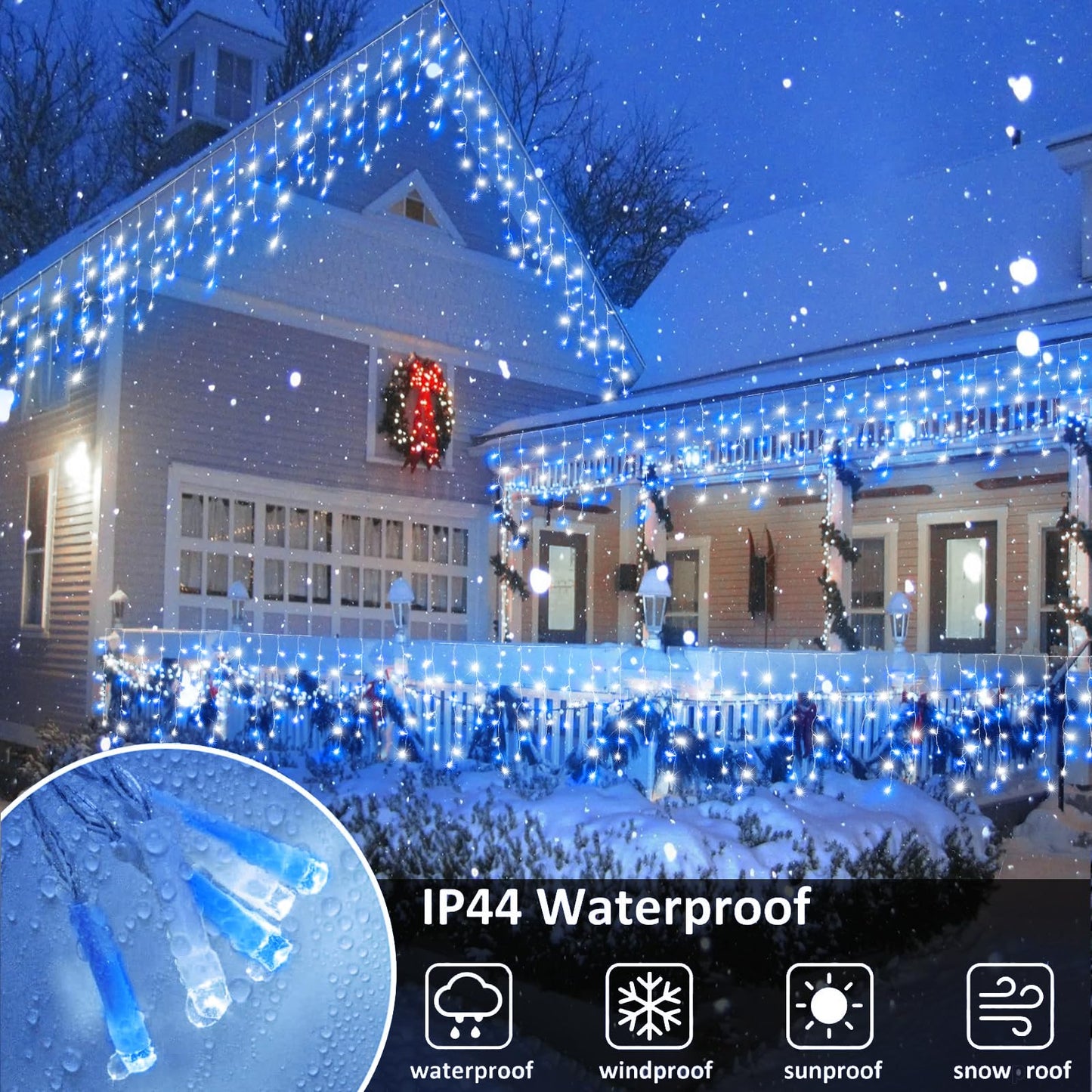 Icicle Lights for Outside - 33FT 400 LED Icicle Christmas Lights Outdoor with 75 Drops 8 Modes Timers, Waterproof Connectable Hanging Lights for Indoor Roof Yard Xmas Decorations, Blue and White