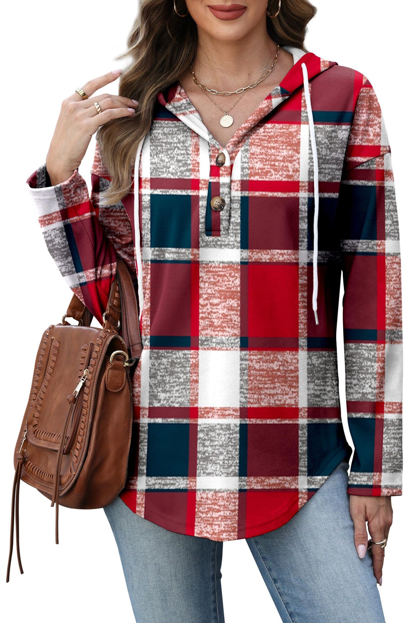 RUMIA Ugly Christmas Sweaters for Women 2025 V Neck Long Sleeve Shirts Casual Tops Plaid Red Blue L