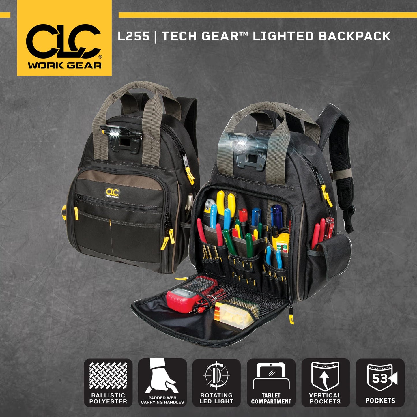 CLC Custom Leathercraft L255 Tech Gear 53 Pocket Lighted Backpack, Black