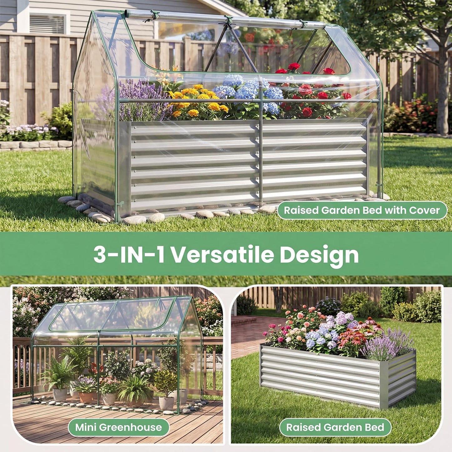 MAT EXPERT Raised Garden Bed with Cover, Mini Greenhouse Metal Planter Box w/PVC Cover, Roll-Up Windows & Mesh Screens, Outdoor Planter Box Kit for Vegetables, Flowers, Herbs (Silver, 72” x 36” x 48”)