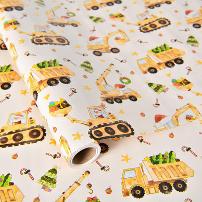 Titiweet Construction Christmas Wrapping Paper - 17" x 16.4 ft - Christmas Truck with Santa, Trees Gift Wrap for Kids Boys(Construction)