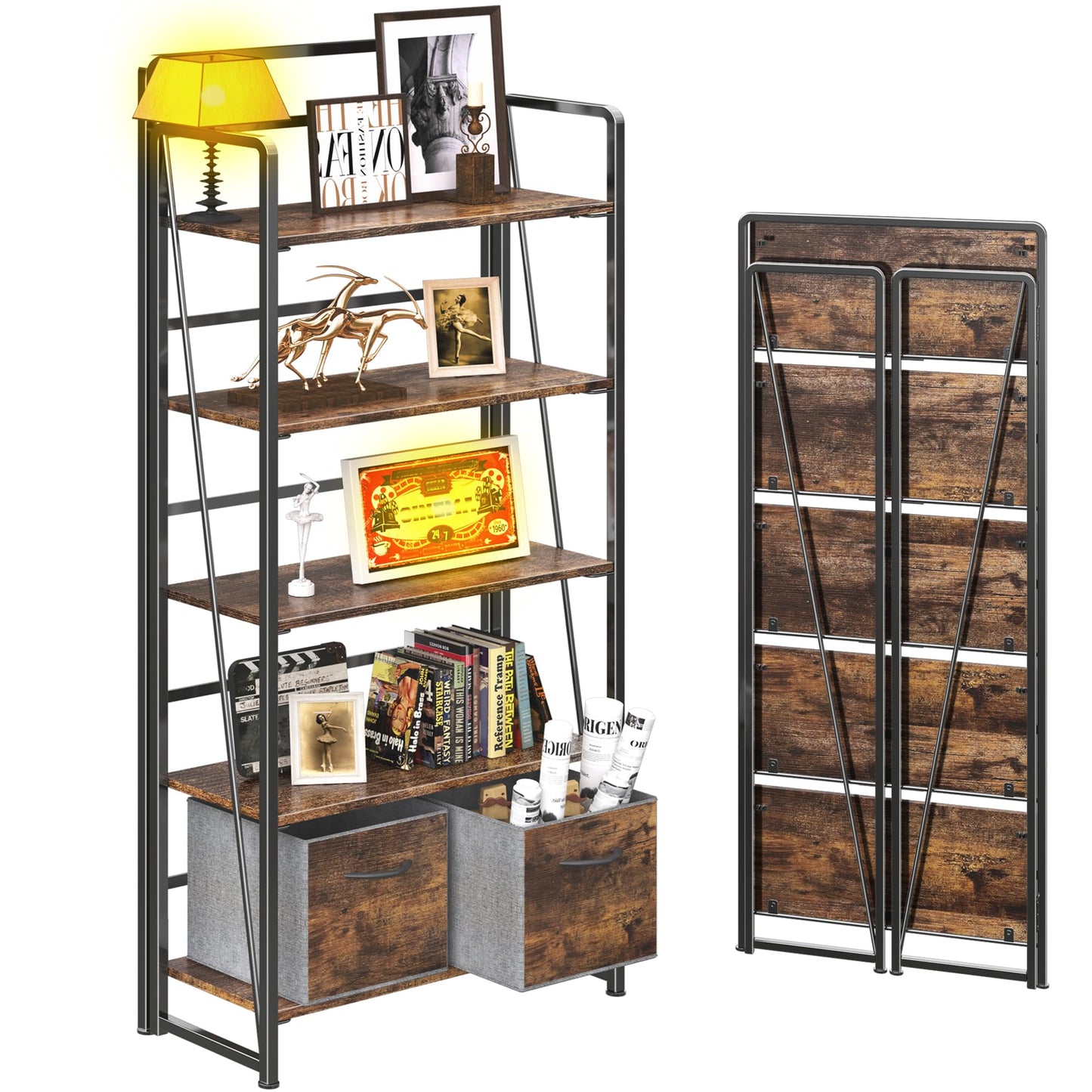 BHG No Assembly Folding Bookshelf for Living Room,Collapsible Book Shelf for Home Office, Portable Bookcase Storage Organizer Rack Shelves