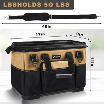 VSHXENG 17 IN Large Tool Bag For Men Heavy Duty, Drill Bag Tool Bag Organizer, Wide Mouth Waterproof Hard Bottom Multiple Pockets Tool Tote, Tool Caddy, Maintenance
