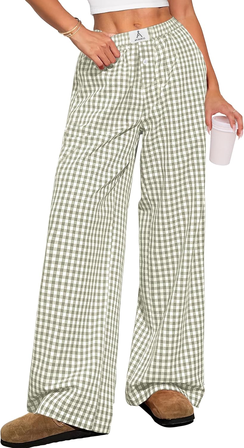ANRABESS Womens Striped Gingham Pants 2025 Pajama Lounge Boxer Pants Cute Comfy PJ Bottoms with Pockets Y2K Plaid Outfits