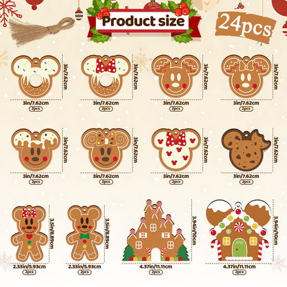 Gingerbread Ornaments for Christmas Tree Decorations, 24pcs Cute Christmas Wooden Gingerbread Man House Mouse Hanging Ornaments for Xmas Home Kitchen Decor Holiday Christmas Tree Party Supplies