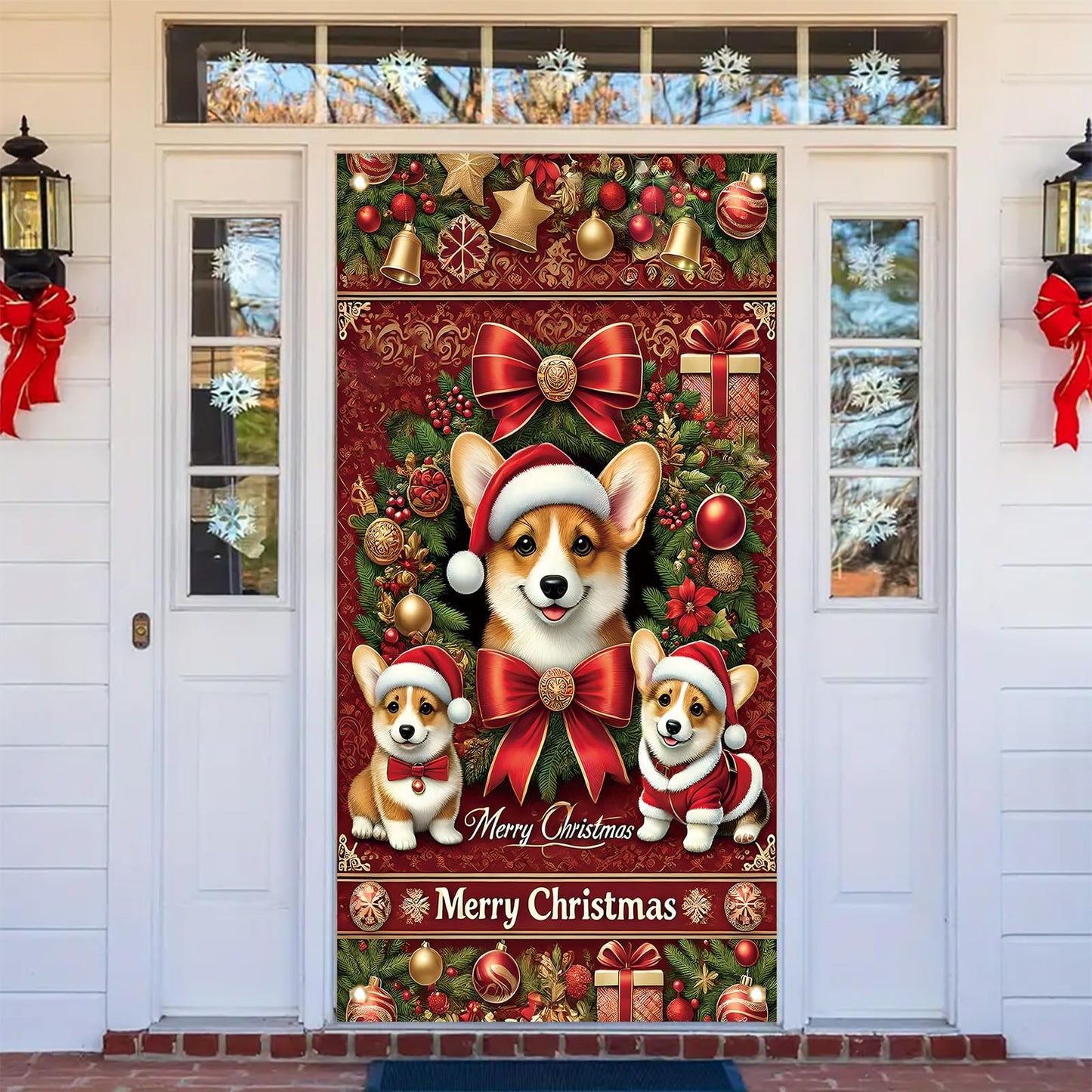 Saoplasa Christmas Corgi Door Cover Decoration 71 x 35 Inch Red Festive Banner with Cute Santa Dog Design and Holiday Wreath for Merry Christmas Wall Decor Party Welcome Backdrop Sign