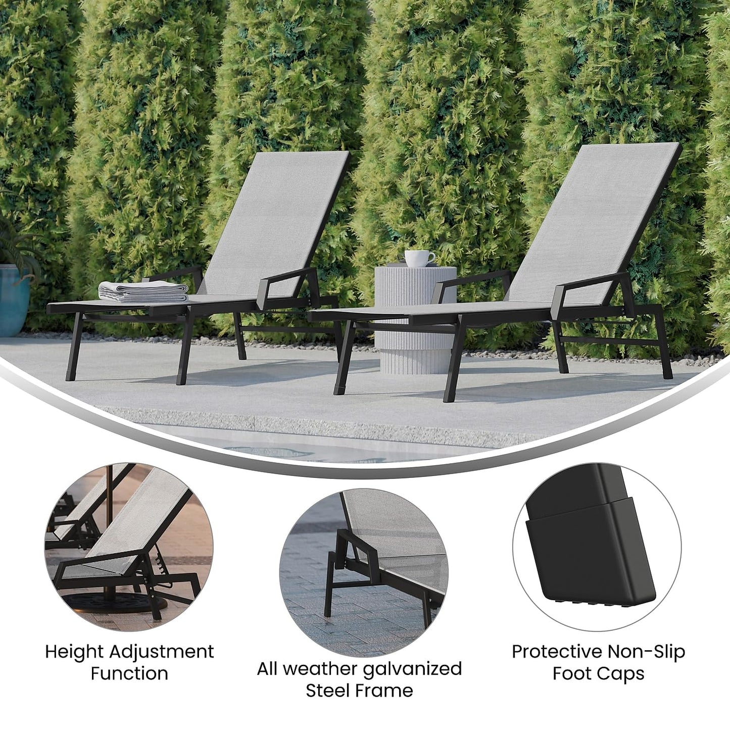 Flash Furniture Brazos Set of 2 Adjustable Chaise Lounge Chairs with Arms, All-Weather Outdoor Five-Position Recliners, Black/Gray