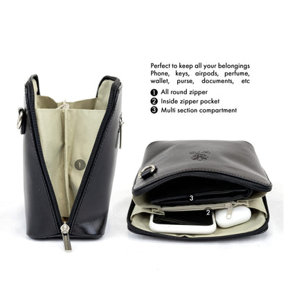 Small Vera Pelle Handbag Genuine Leather Cross Body Bag for Women Italian Mini Shoulder Bag Highquality Strap (Black)