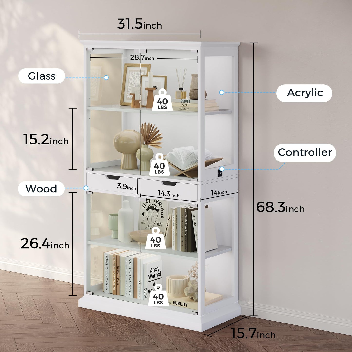 Jocoevol Display Cabinet with Glass Doors, 4-Tier Curio Cabinet with with 2 Drawers for Collectibles, Modern Glass Display Case Human Body Sensor & RGB Lights for Living/Game Room (White)