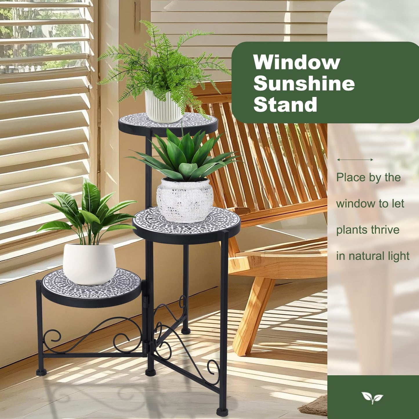 Chonsun 3 Tier Mosaic Plant Stand Foldable Corner Shelf for Indoor Outdoor Tall Plant Holder Display Rack for Patio Balcony Living Room Garden Decor