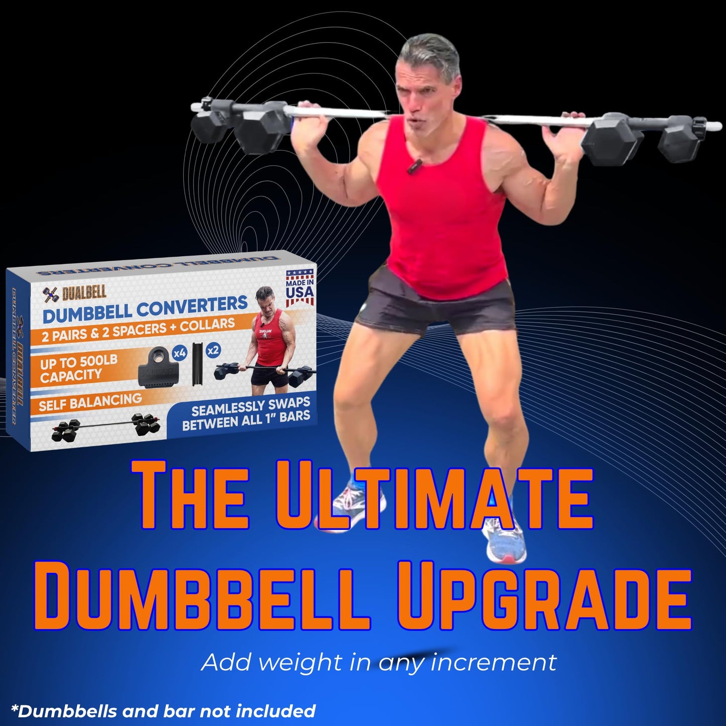 DUALBELL Superset Black w/black weight collars- for 1"bar Dumbbell to Barbell Adapters - Connect dumbbells to a 1" standard diameter bar to use in place of weight plates- 500lbs max capacity