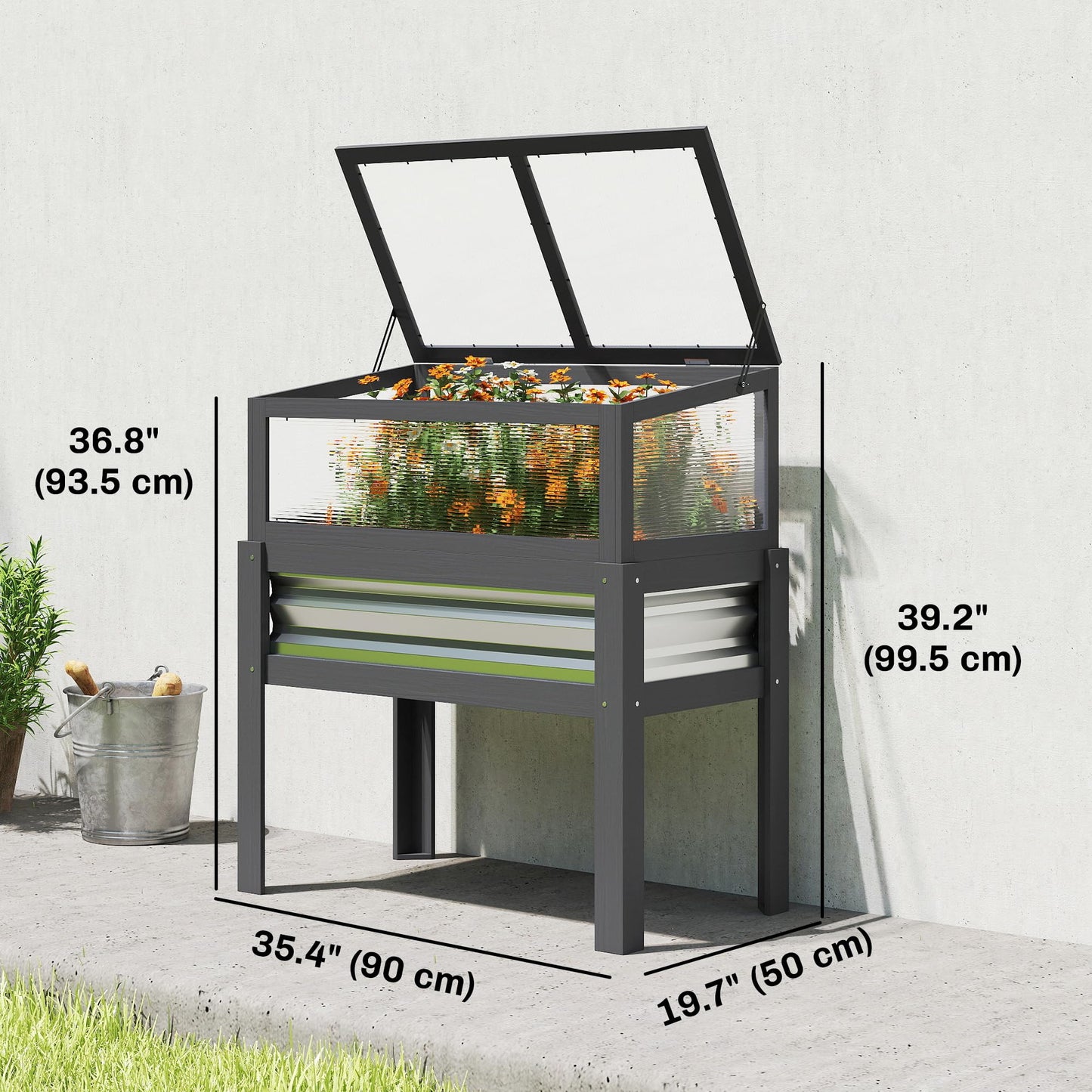 Outsunny Wooden Raised Garden Bed with Flip-Up Greenhouse Top, Raised Garden Bed with Legs and Bed Liner, Elevated Planter Box for Flowers, Vegetables, Herbs, Gray