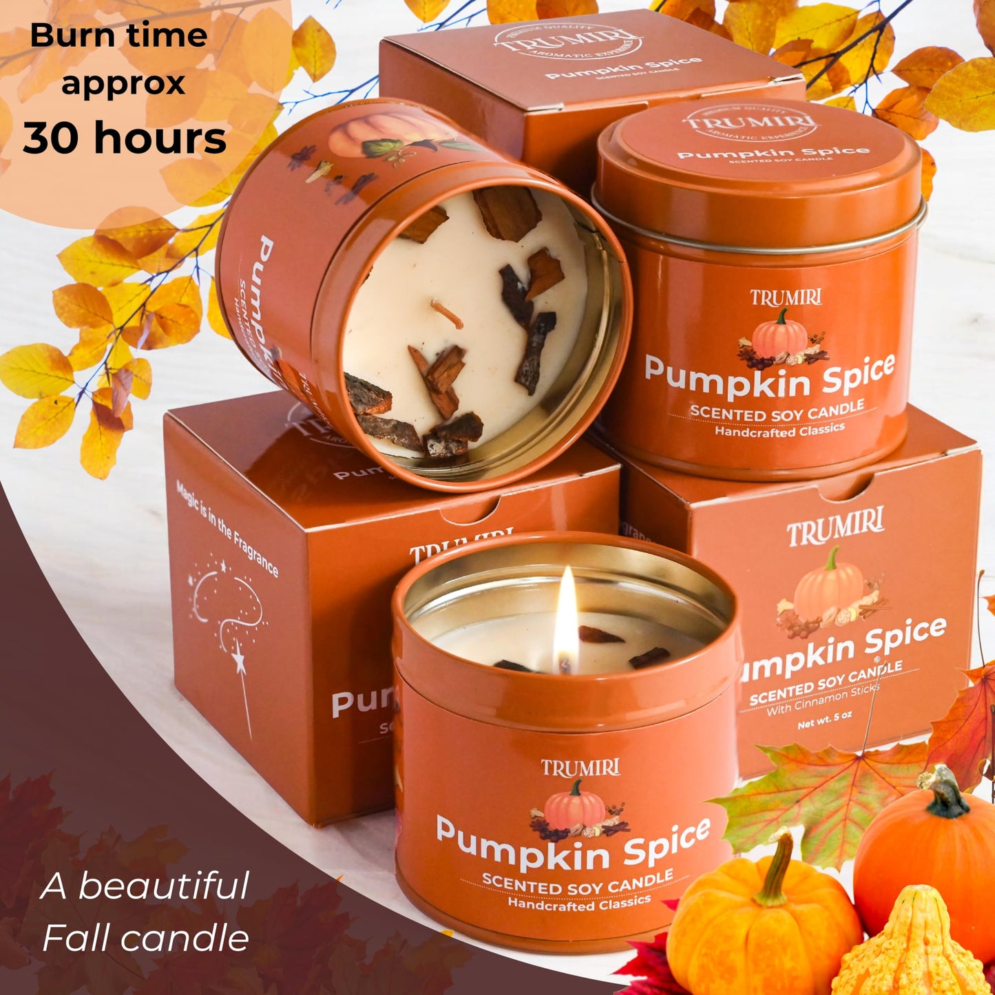Pumpkin Spice - Cinnamon Soy Candles for Home Scented - for Fall Halloween Thanksgiving Holidays - Pack of 3 x 5oz Natural Clean Non Toxic Long Lasting Highly Scented Candels with Essential Oils