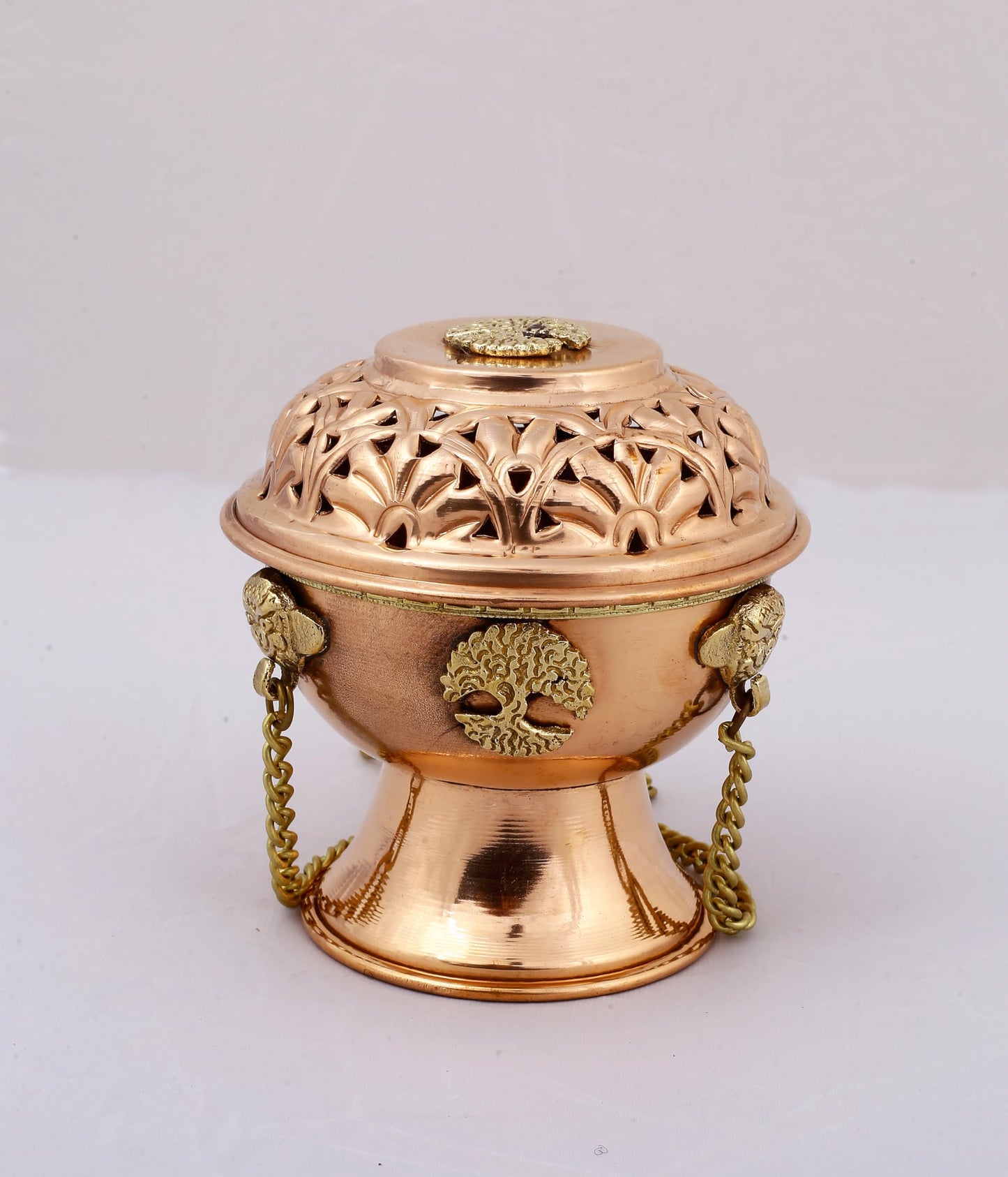Indian Consigners Copper Altar Incense Charcoal Burner Holder with Chain (Tree of Life)