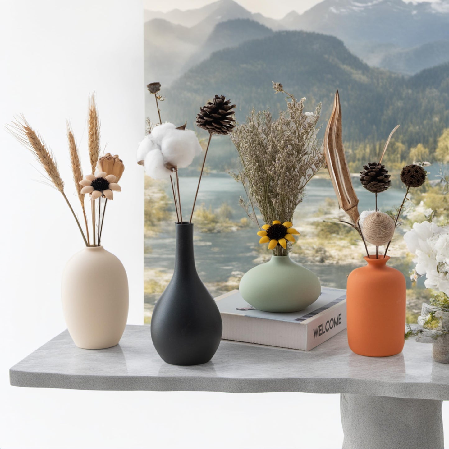 YAOBAOX Ceramic Vase Set of 4 with Dried Flowers Round Matte