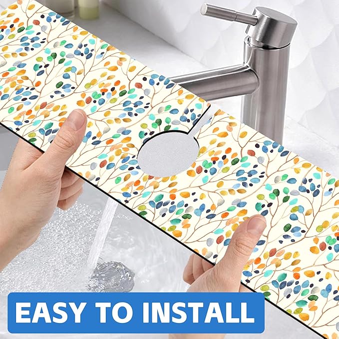 Abstract Watercolor Leaves Sink Faucet Absorbing Mat Sink Splash Guard Faucet