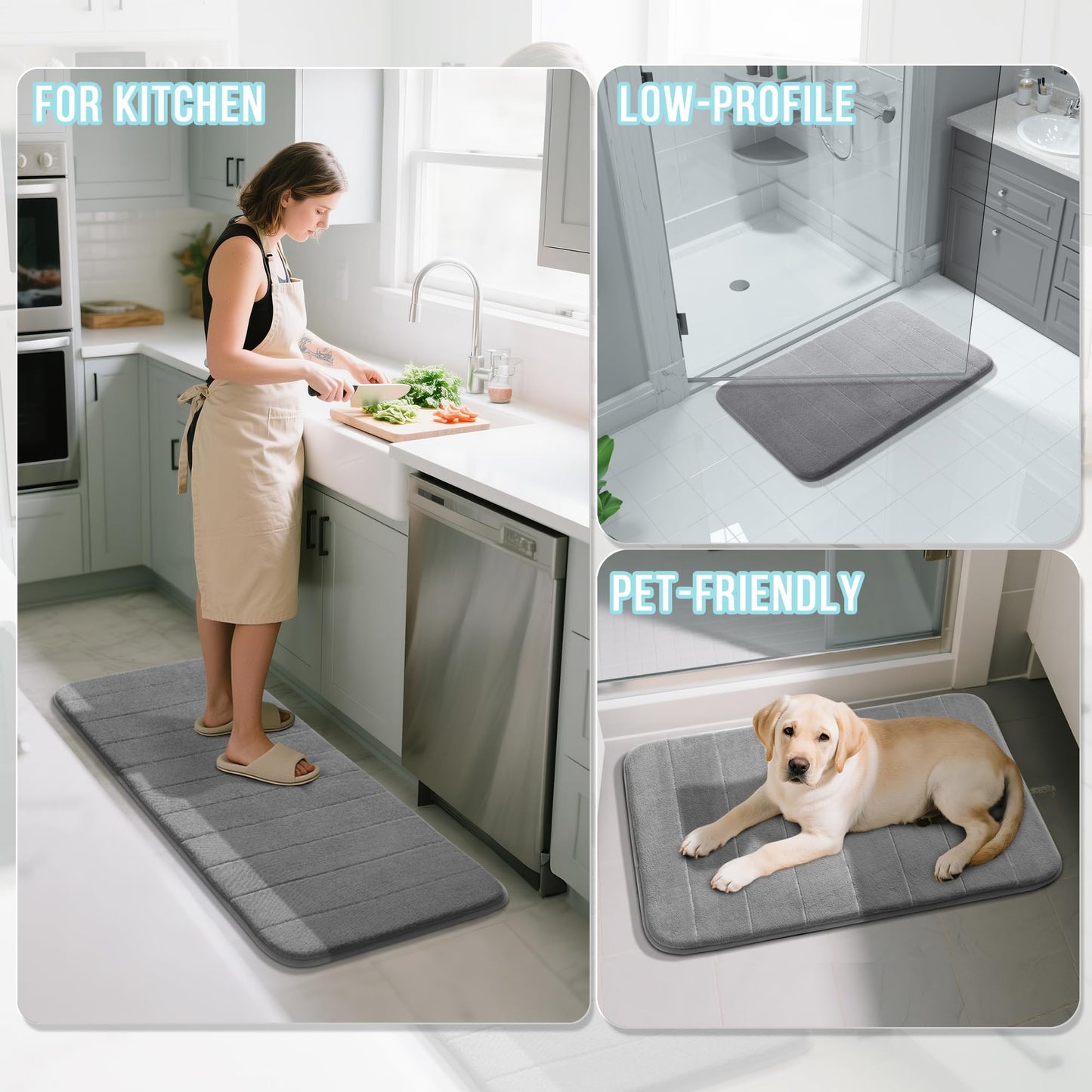 Yimobra Memory Foam Bath Mat, Soft and Comfortable, Super Water Absorption, Non-Slip, Thick, Machine Wash, Easier to Dry for Bathroom Floor Rug, 43 x 61 cm, Gray