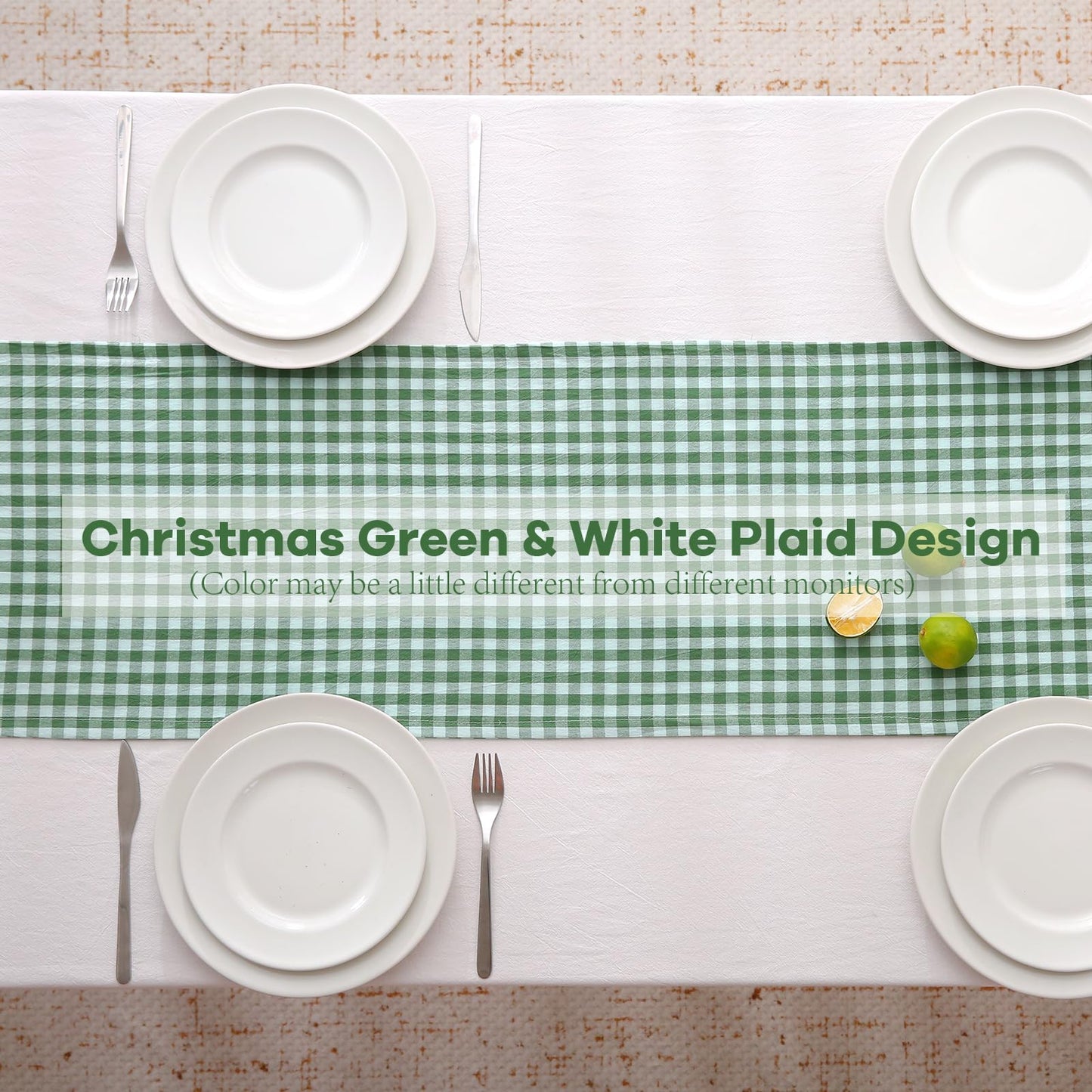 Christmas Green White Plaid Gingham Ruffle Table Runner 120 inches Long Christmas 100% Washed Cotton Decorative Farmhouse Cabinet Cover (Green, 120"x13")