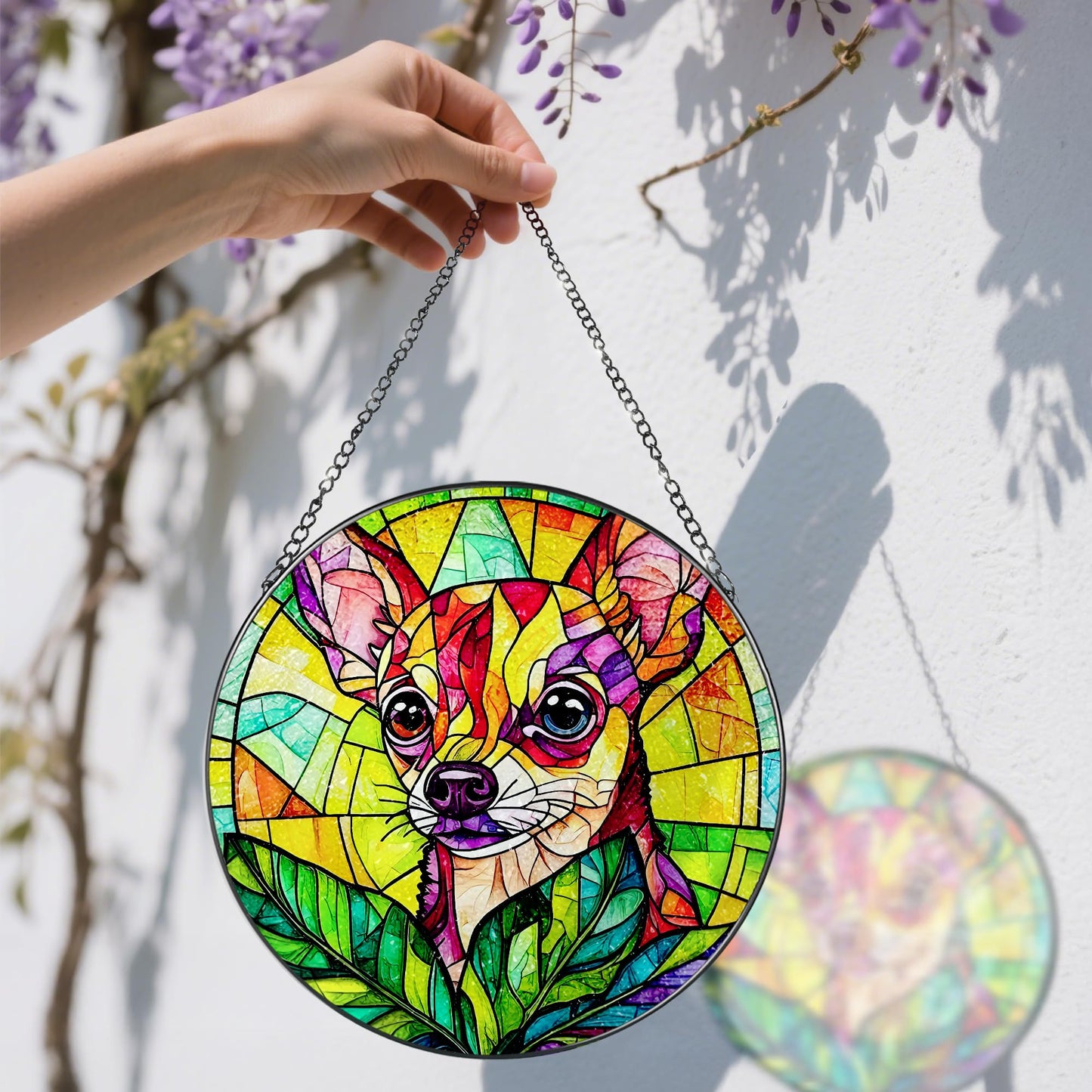 DOUHASU 8″ Stained Glass Window Hanging Ornament, Vibrant Chihuahua Stained Glass Suncatcher Ornament, Sun-Catcher Window Decor | Gifts for Dog Lovers, Dog Lover Gift, Pet Lover Gift