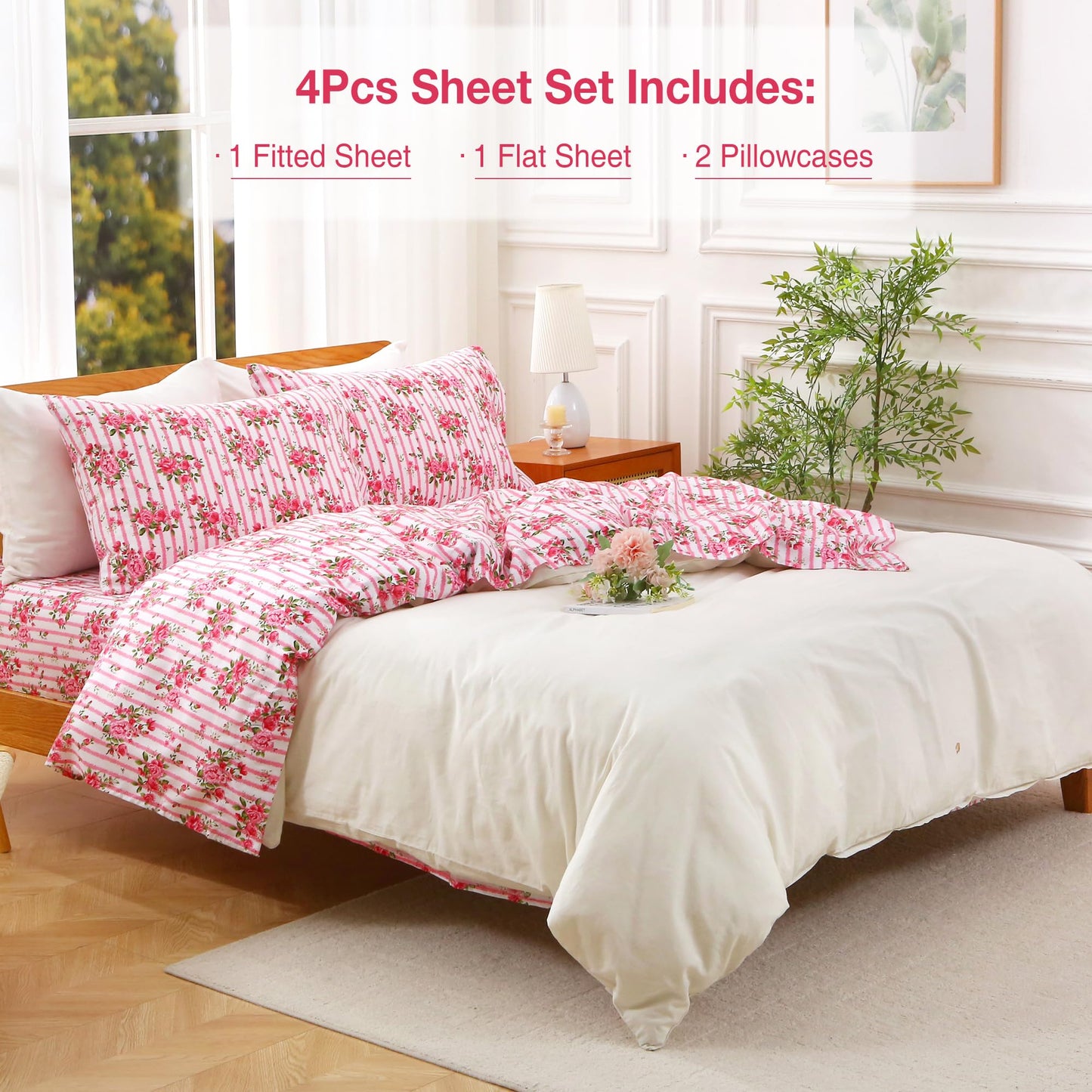Viviland Full Bed Sheet Set - 4 Piece Double Brushed Microfiber Bedding - Deep Pocket Up to 15", Ultra Soft, Breathable & Wrinkle Resistant Skin-Friendly Cooling Sheets for Adult - Heritage Rose(F)