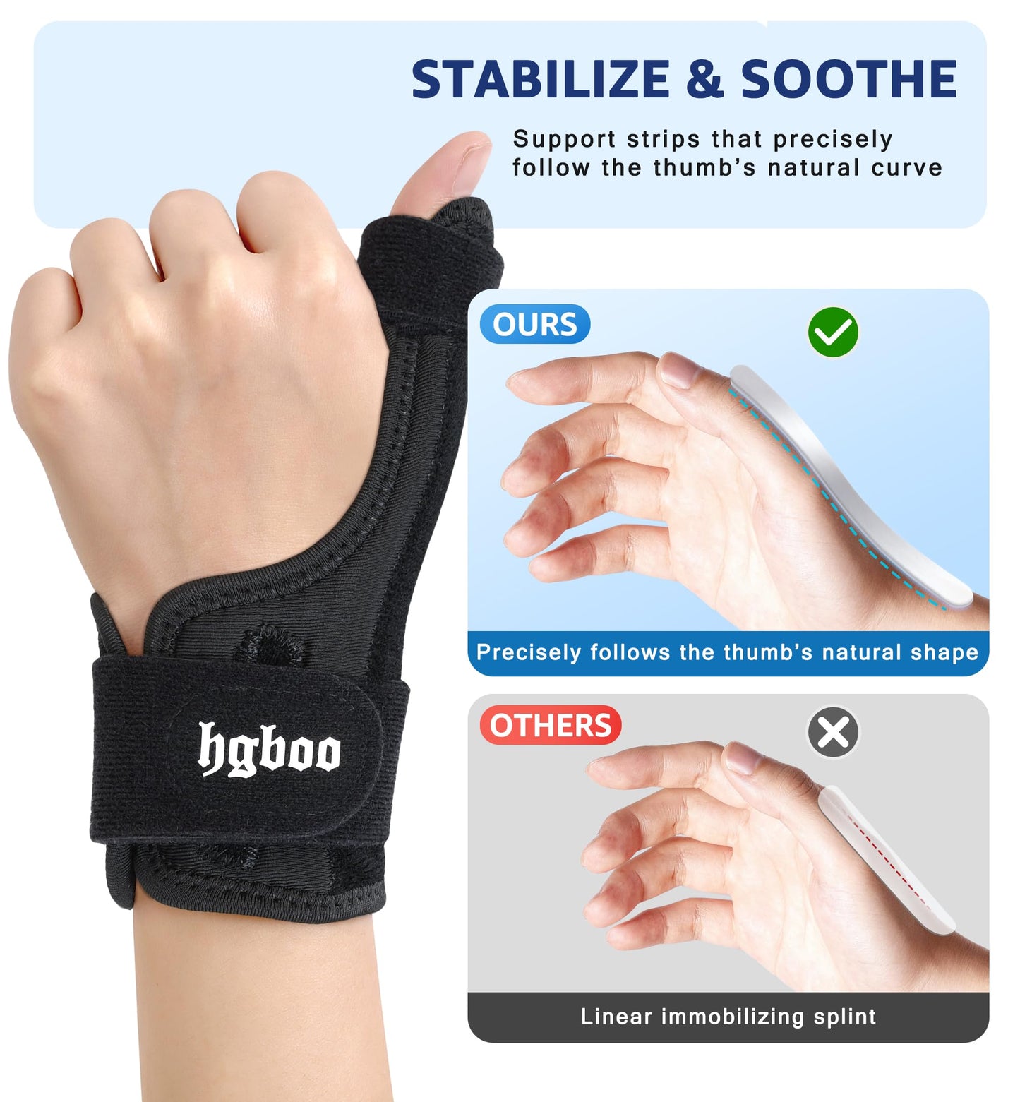 HGBOO Thumb Spica Splint for Left or Right Hand, Adjustable Thumb Wrist Brace for Arthritis, Trigger Thumb, Tendonitis, Sprain, CMC Pain Relief – Lightweight, Breathable & Comfortable Support (Black)
