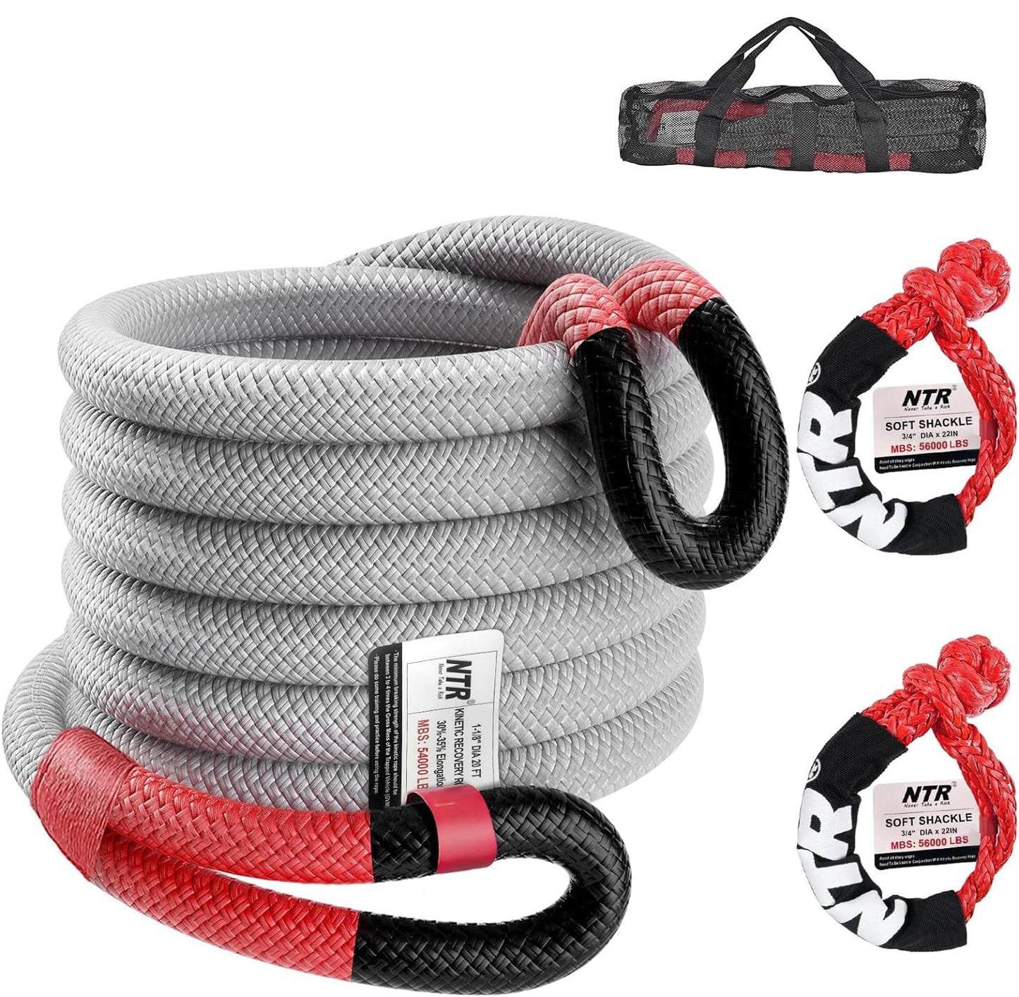 NTR 1-1/4" x 30' Kinetic Recovery Tow Rope (54,000lbs), with 2 UHMWPE Soft Shackles (56,000lbs), Heavy-Duty Offroad Snatch Strap, Vehicle Recovery kit for Jeep car Truck ATV UTV SUV, Grey