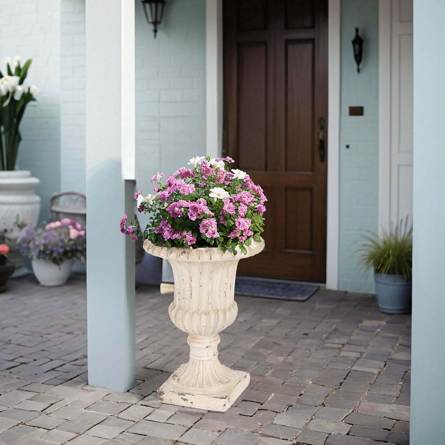PETALORE Antique White Urn Planter 19.25" H, Pedestal Planters for Outdoor Plants, Hand-Painted Tall Urn Flower Pot, Durable Magnesium Oxide Decorative Garden Planter for Porch and Patio