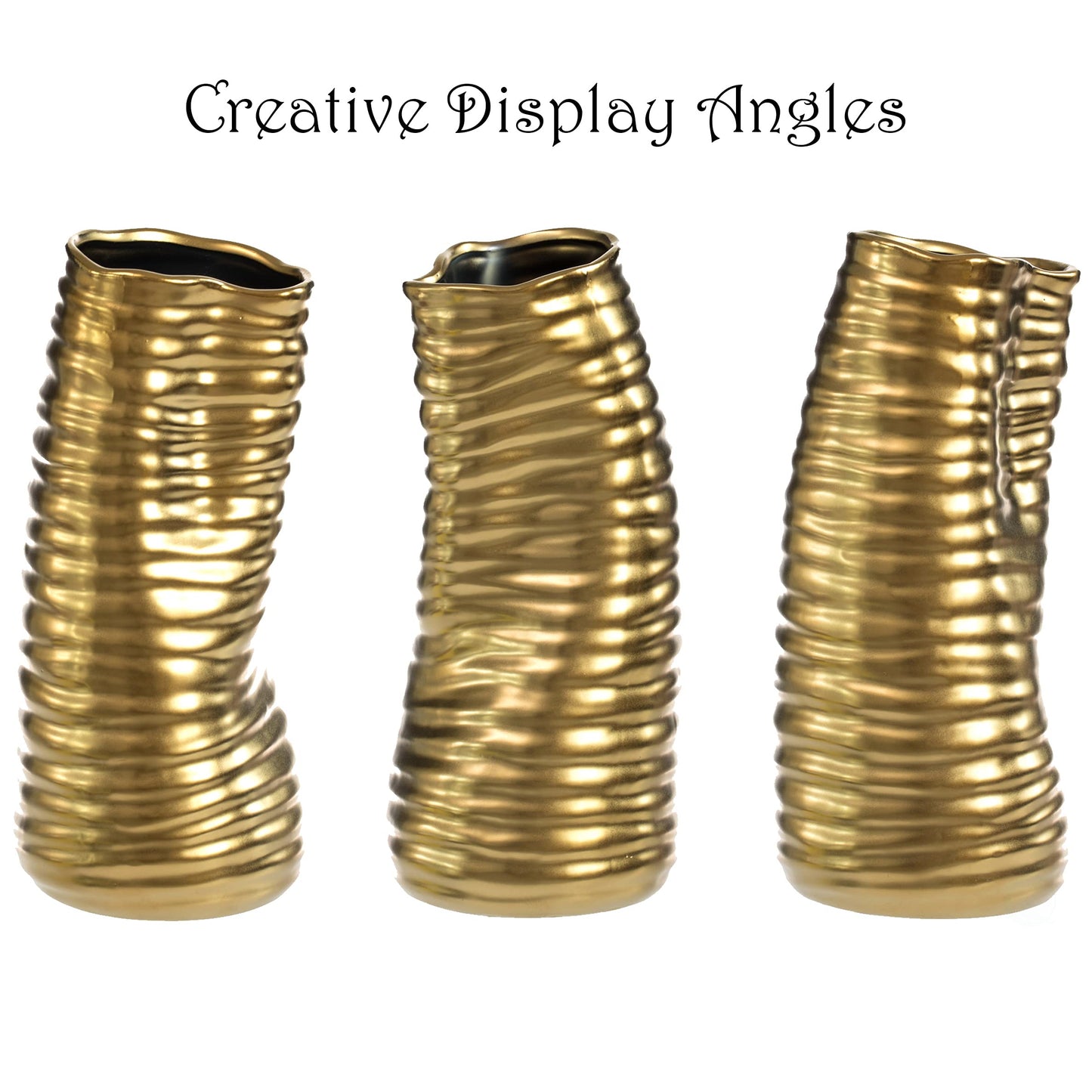 9" H Ceramic Bent Melted Modern Style Sculpture Table Centerpiece Flower Vase, Gold
