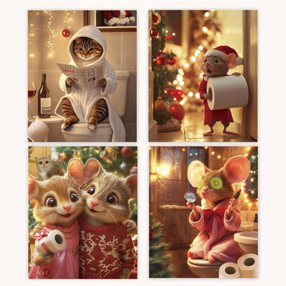 Poecinvi Funny Christmas Bathroom Wall Art Prints Set of 4, Christmas Bathroom Decor, Cute Cat Mouse Animal Xmas Posters Pictures Wall Decor for Kids Bath Room Washroom, 8x10 Unframed