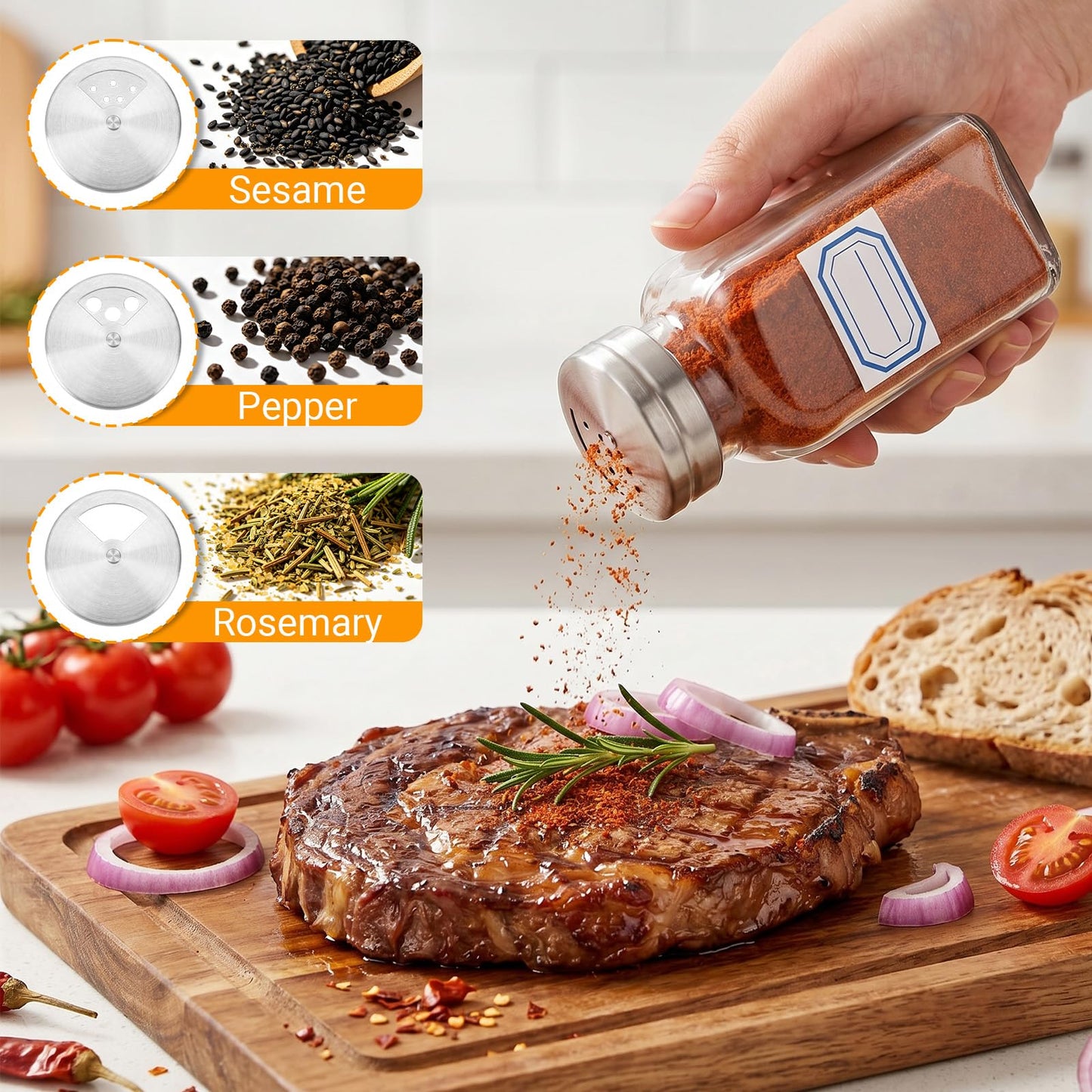Segarty 6 PCS Glass Spice Jars 6oz, Salt Bottles with Adjustable Stainless Steel Shaker Lids 3 Pouring Ways, Large 180ml Square Condiments Jars 6 Stickers for Sugar Pepper Storage Kitchen Organization